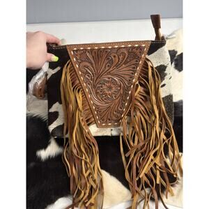 Cow Hide Tooled Leather Fringe Tumble weed Crossbody Shoulder Handbag Pocketbook